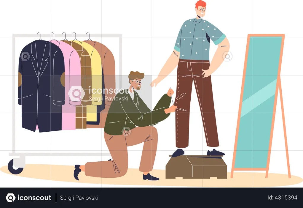 Male dressmaker clothes designer sewing garment on customer during fitting  Illustration