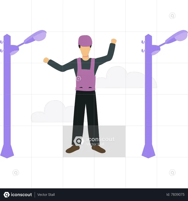 Male electrician fixing street lights  Illustration