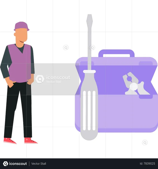 Male electrician standing by toolbox  Illustration