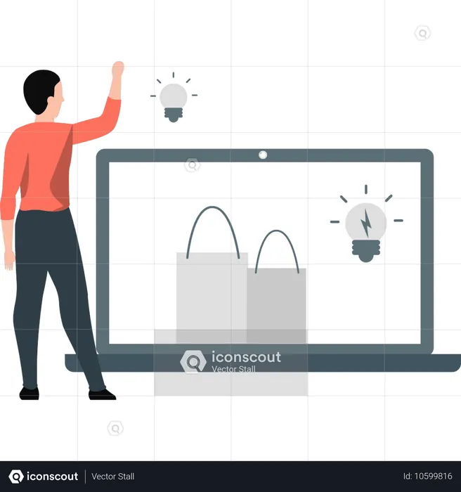 男性従業員がオンラインショッピングの新しいアイデアを思いつく  イラスト