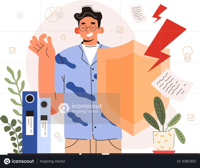 Male employee protecting business files  Illustration