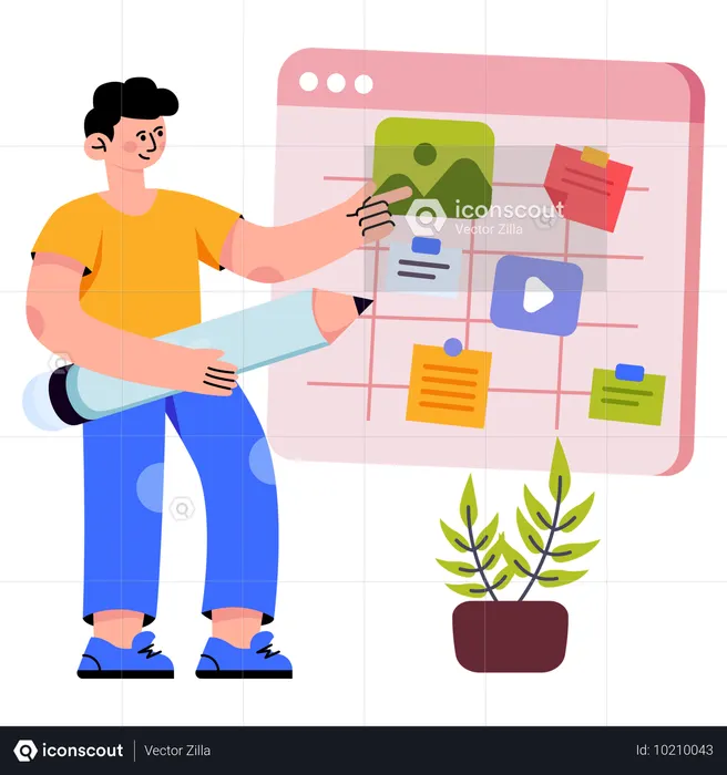 男性従業員がスクラムボードでコンテンツをスケジュールする  イラスト