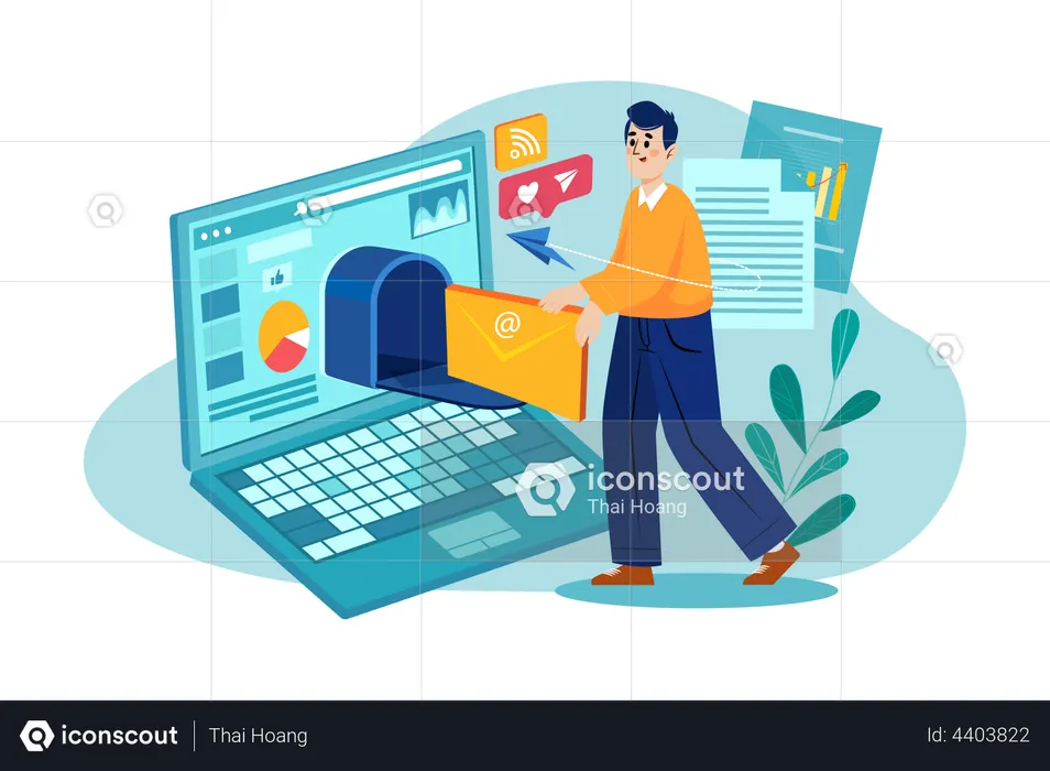 Male employee sending marketing mail  Illustration