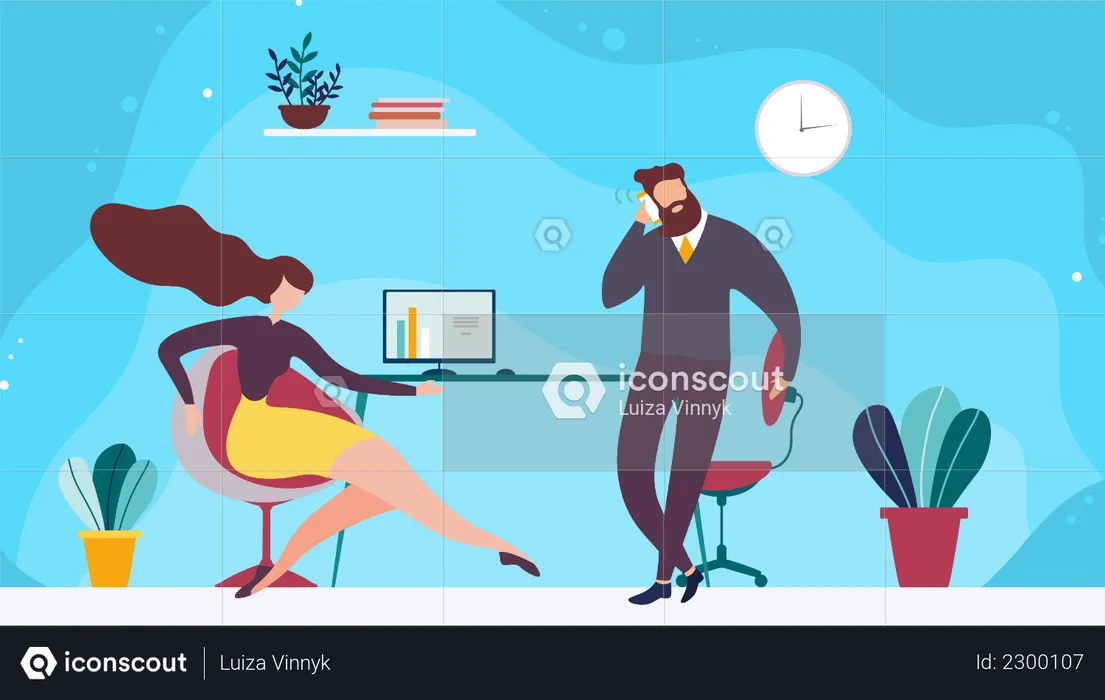Male employee talking over phone and female worker sitting  Illustration