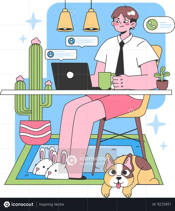 Male employee working comfortably at home space  Illustration