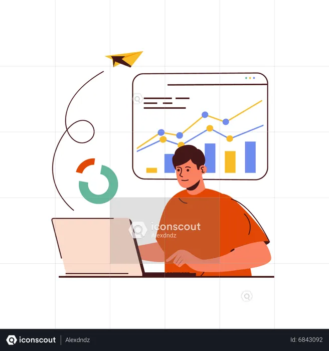 Male employee working on online market research  Illustration