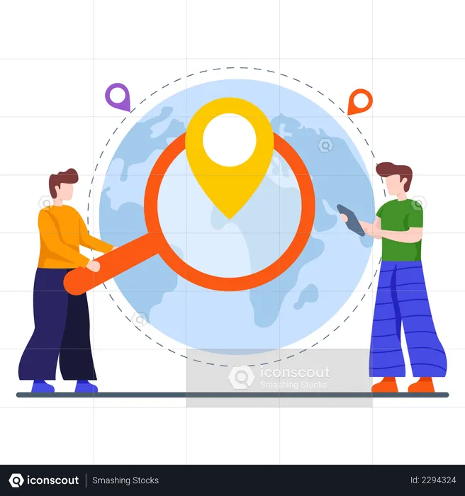 Male employees working on location finding application  Illustration