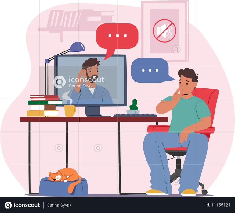 Male Engages In Virtual Conversation With Therapist  Illustration