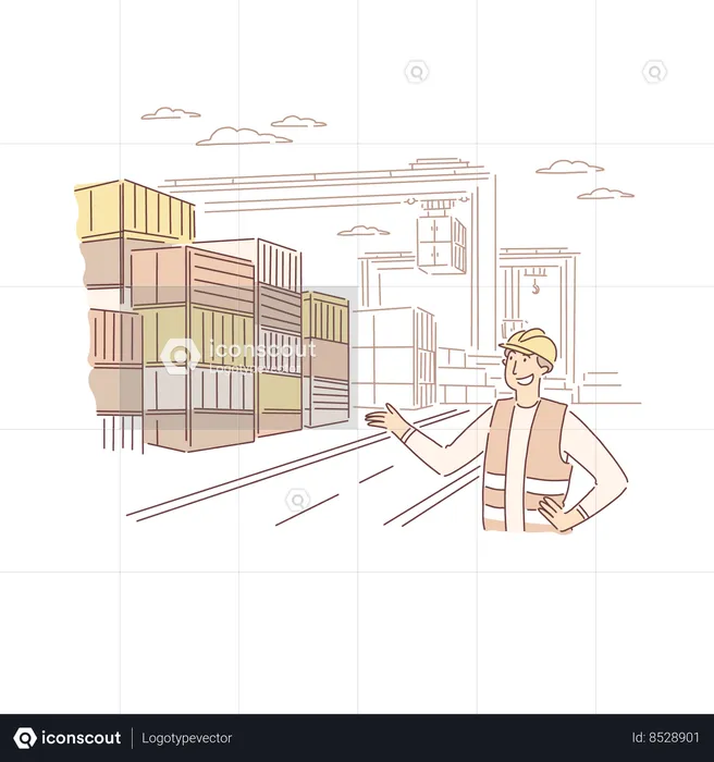 Male Engineer Monitoring Metal Containers Shipment  Illustration