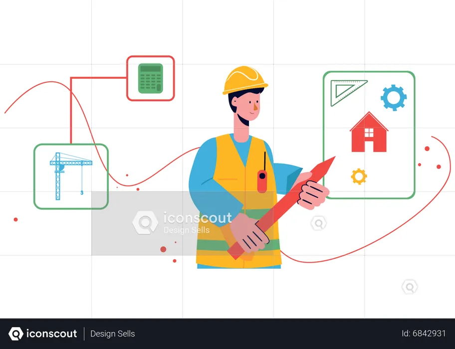 Male engineer working on home plan  Illustration