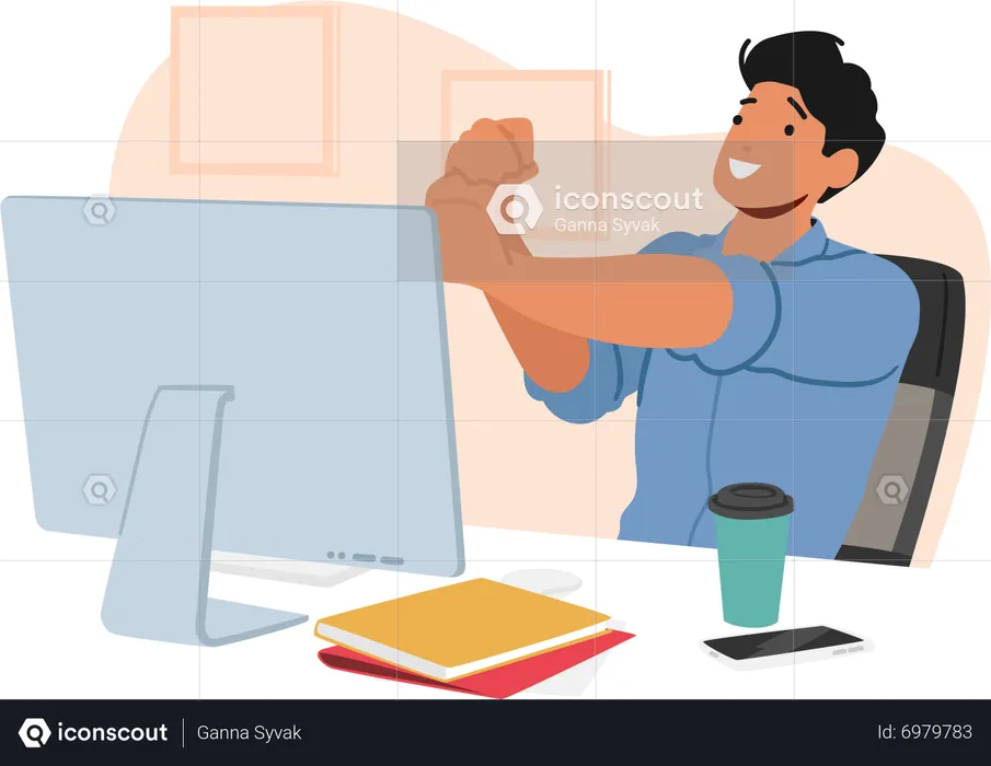 Male Exercise In Office Workplace Sitting front of Computer Desktop  Illustration