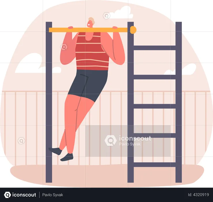 Male Exercising Pull Himself Up on the Horizontal Bar  Illustration