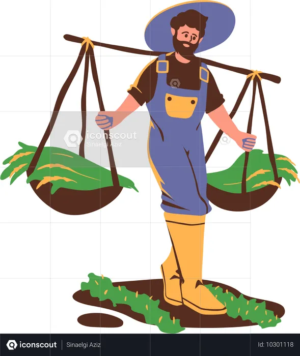 Male farmer carrying large basket of harvested crops on shoulders  Illustration