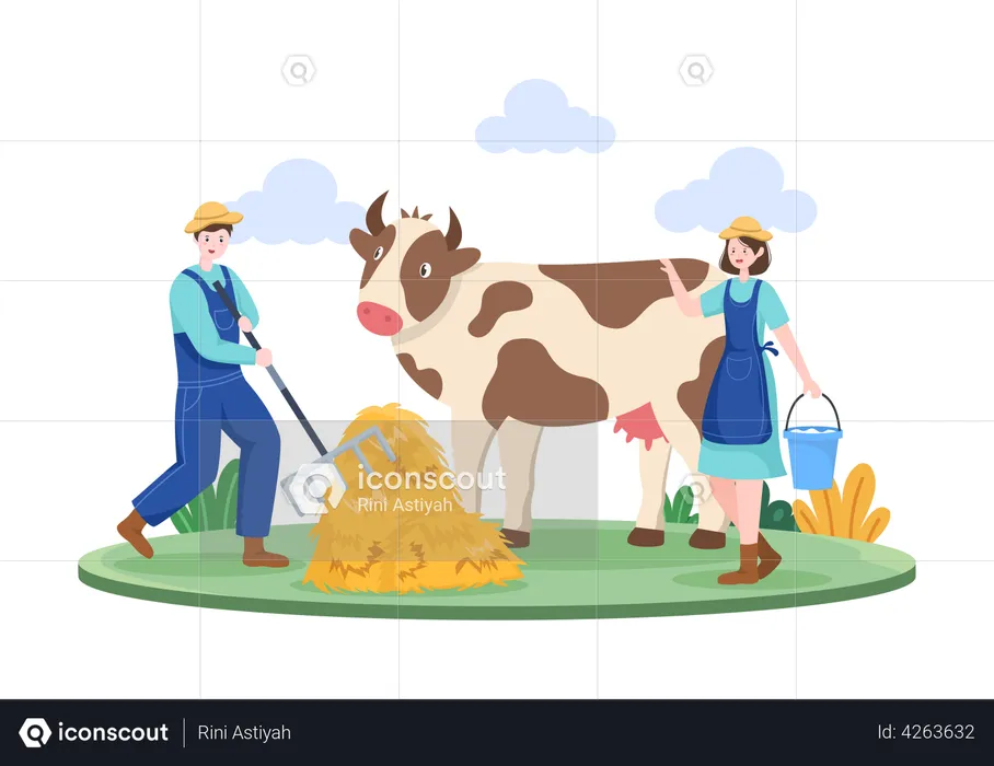 Male farmer giving grass to cow and woman walking with milk bucket  Illustration