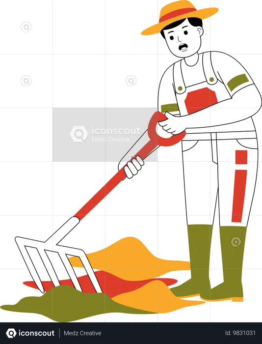 Male Farmer Hoeing With Fork Shovel  Illustration