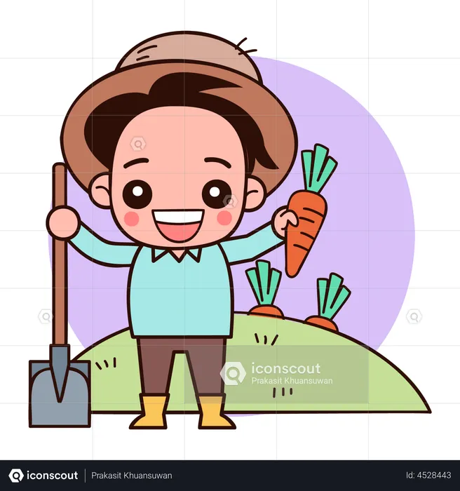 Male farmer holding shovel and carrot  Illustration
