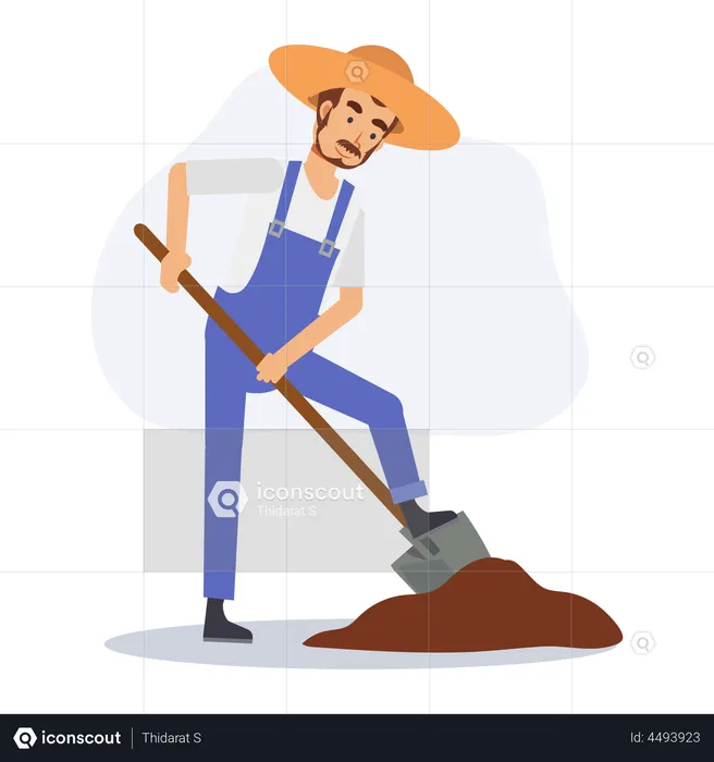 Male farmer is digging soil by shovel  Illustration