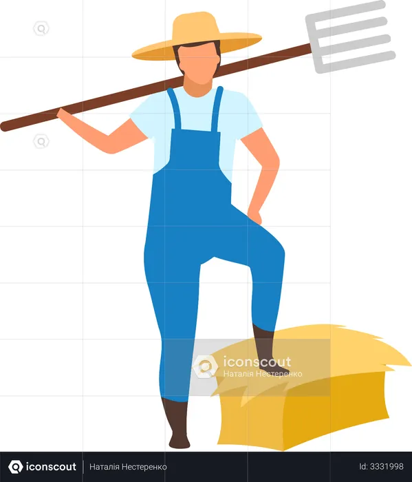 Male farmer standing on hay bale with pitchfork  Illustration