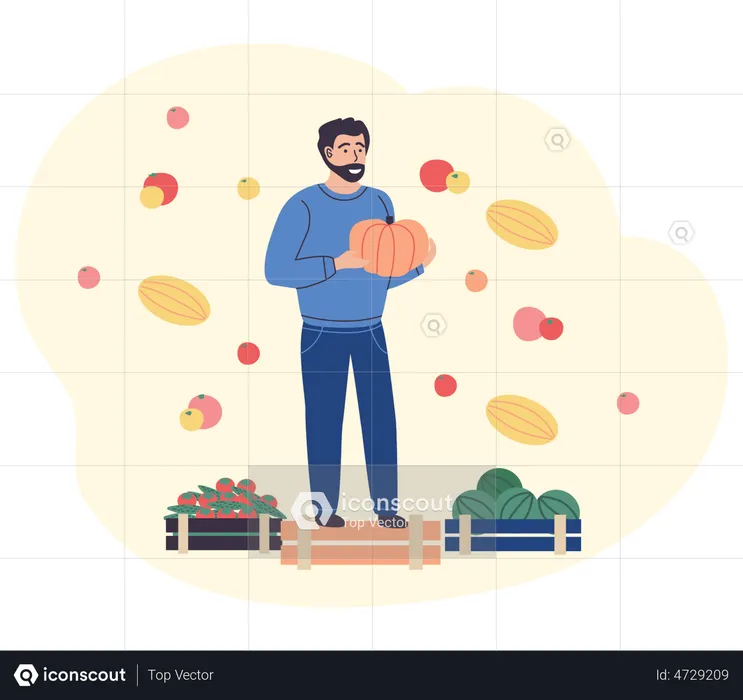 Male farmer standing with fruit baskets  Illustration