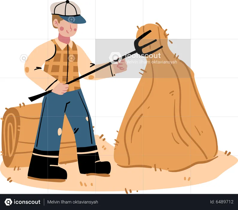 Male Farmer sweeping straw near haystack  Illustration