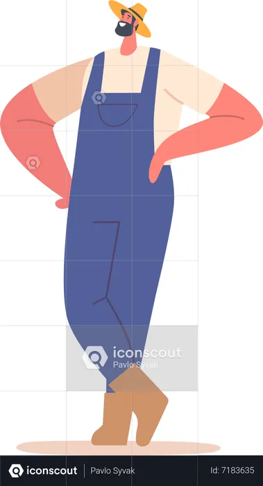 Male Farmer Wear Hat and Overalls Stands With Arms Akimbo  Illustration