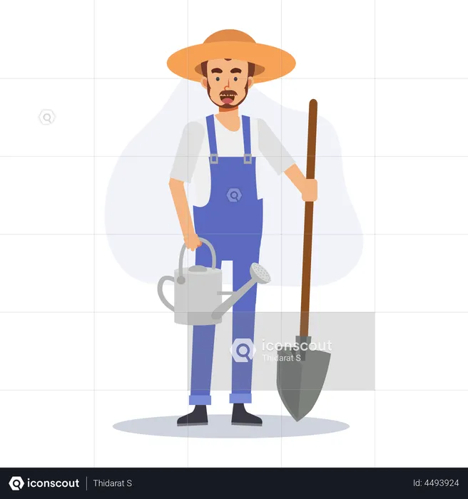 Male farmer with shovel and watering can  Illustration