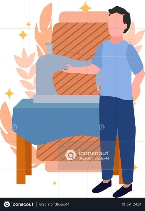 Male fashion designer standing with sewing machine  Illustration