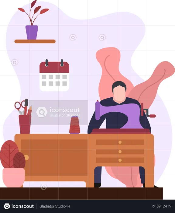 Male Fashion Designer working on sewing machine  Illustration