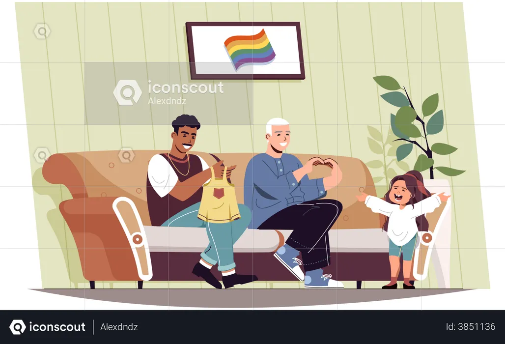 Male fathers take care of little daughter at home  Illustration