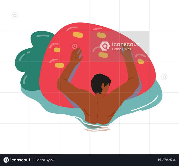 Male Floating in Swimming Pool Holding Strawberry Inflatable Air Mattress  Illustration