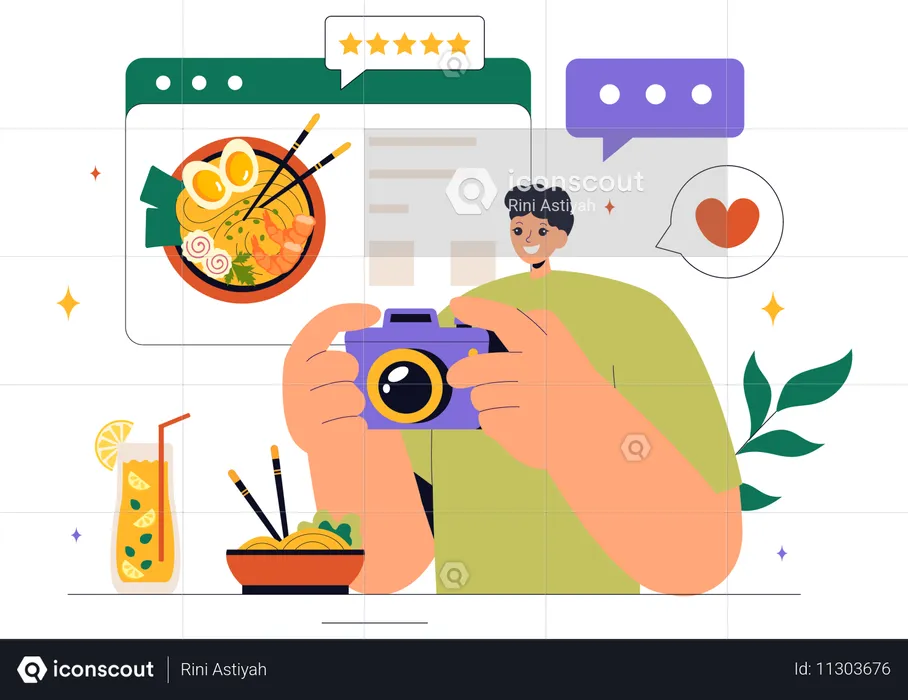 Male Food Blogger clicking photo of food  Illustration