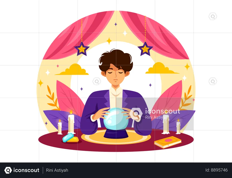 Male Fortune Teller with crystal ball  Illustration