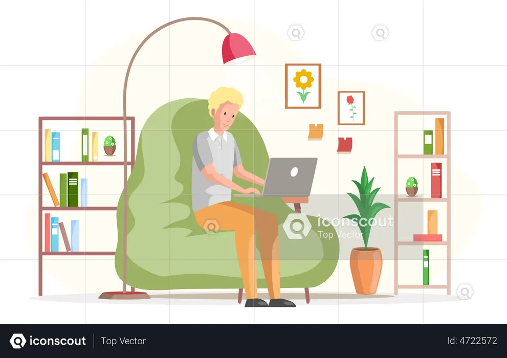 Male freelancer sitting on beanbag and working on laptop  Illustration