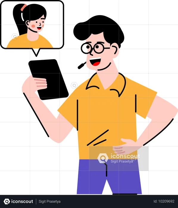 Male freelancer talking with client via video conference call  Illustration