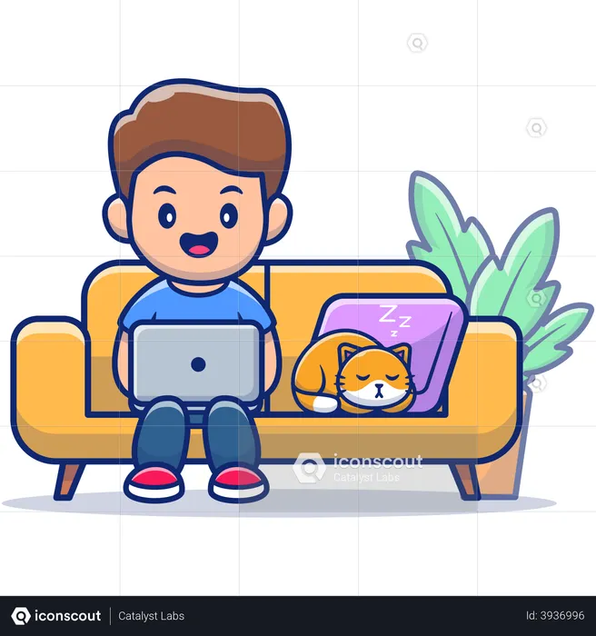 Male freelancer working at home while cat sleeping besides  Illustration