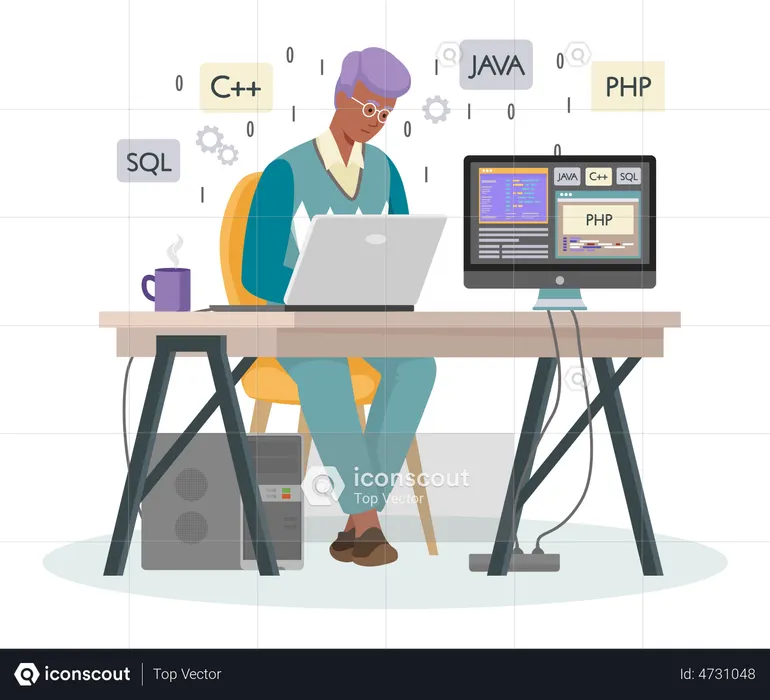 Male Freelancer working on laptop  Illustration