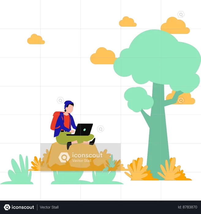 Male Freelancer Working On Laptop In Park  Illustration