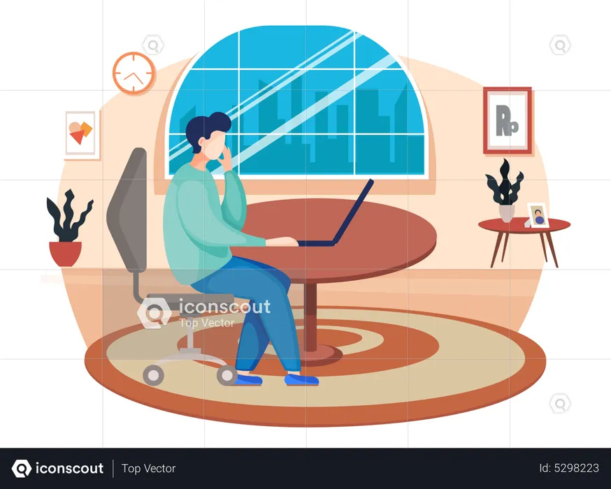 Male freelancer working on the computer at home  Illustration