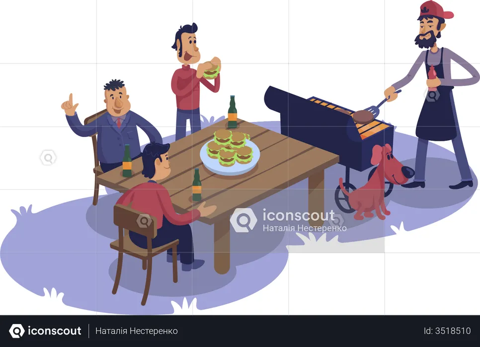Male friends at barbecue  Illustration