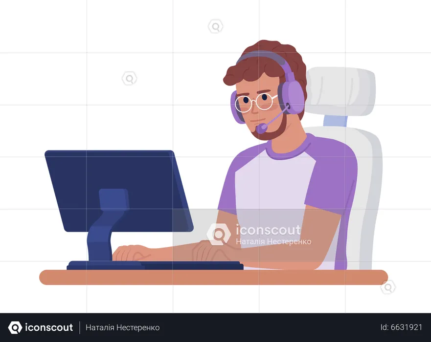 Male gamer with headphones at computer  Illustration
