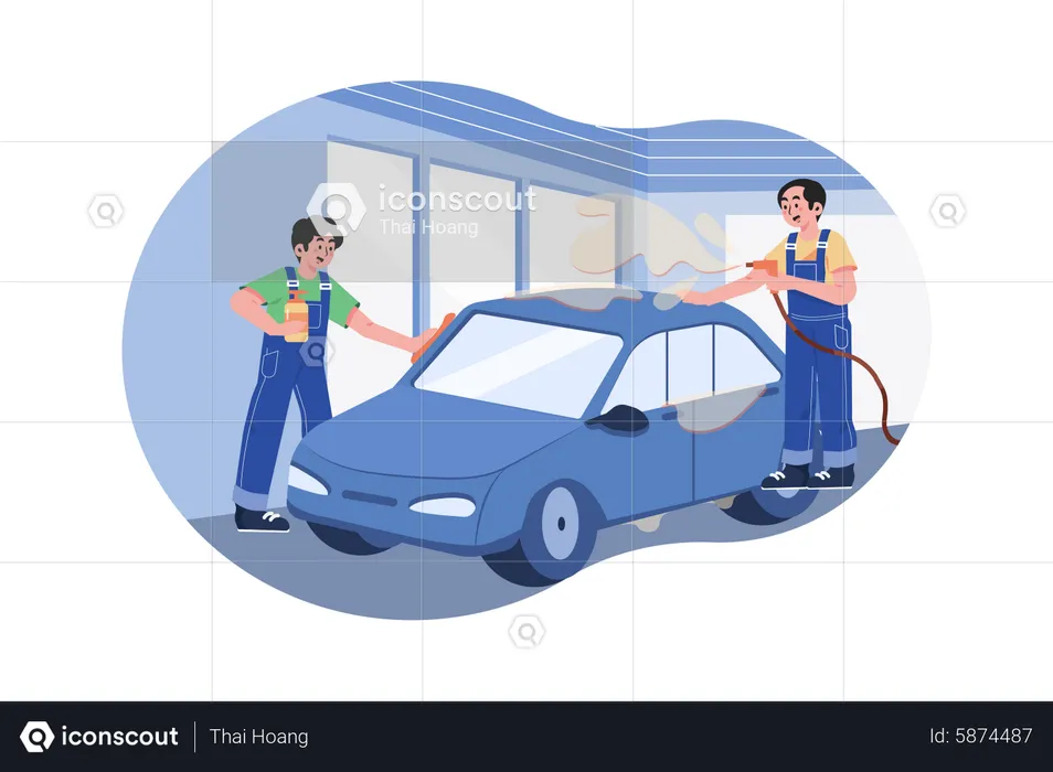 Male Garage worker cleaning car  Illustration
