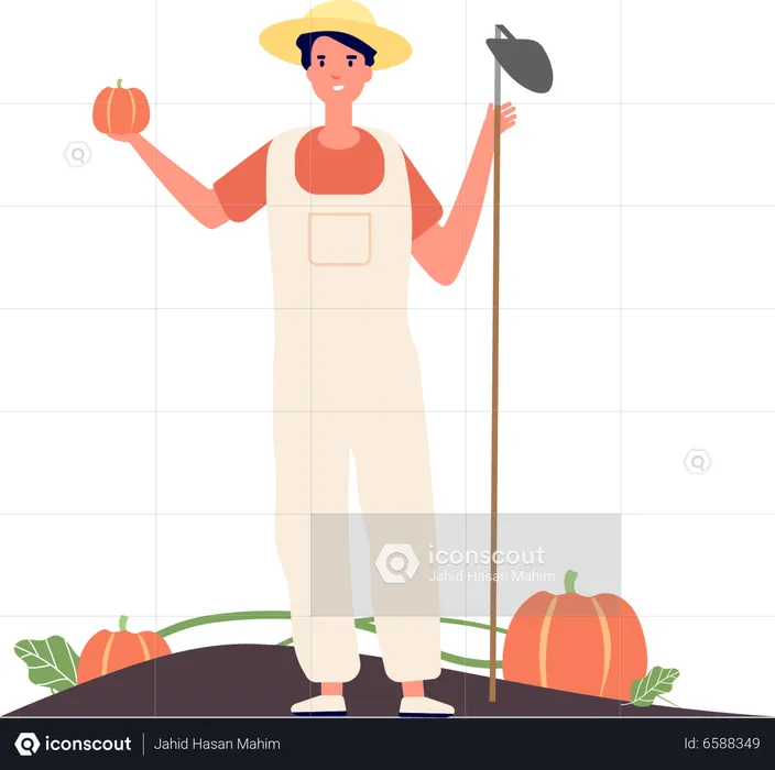 Male gardener holding shovel and pumpkin  Illustration