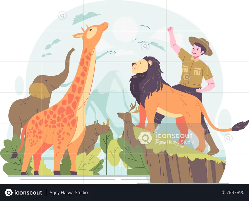 Un gardien de zoo avec des animaux célèbre la Journée mondiale des animaux  Illustration