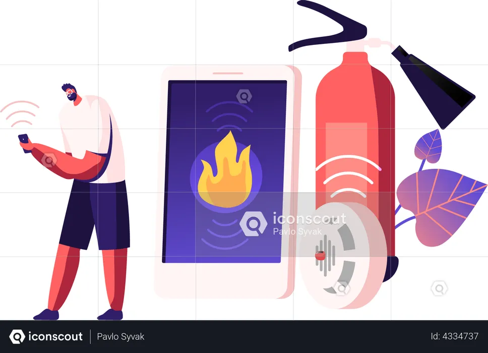 Male Get fire Security Notification from Smart Control System  Illustration