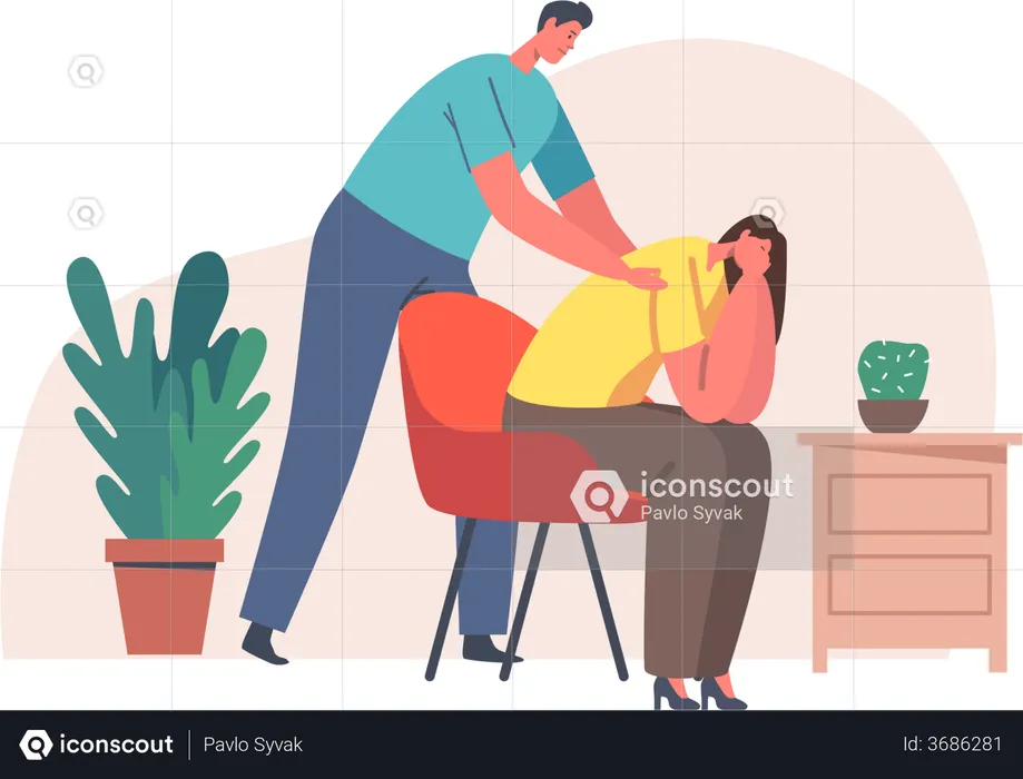 Male Giving Comfort and Support to Friend Keeping Palm on Her Shoulders  Illustration