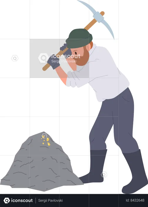 Male gold digger working with pickaxe mining precious material  Illustration