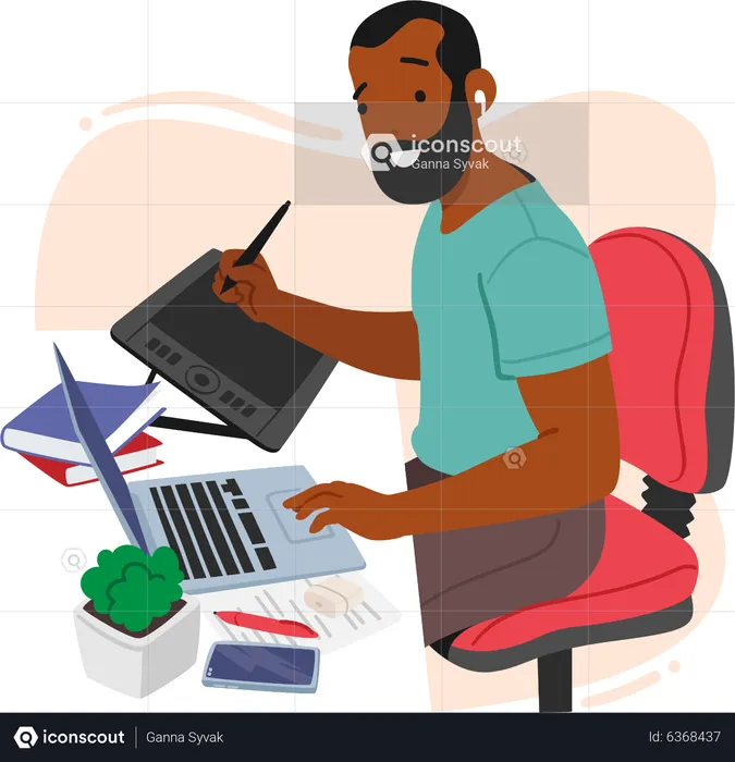 Male Graphic Designer Character Sitting At Desk  Illustration