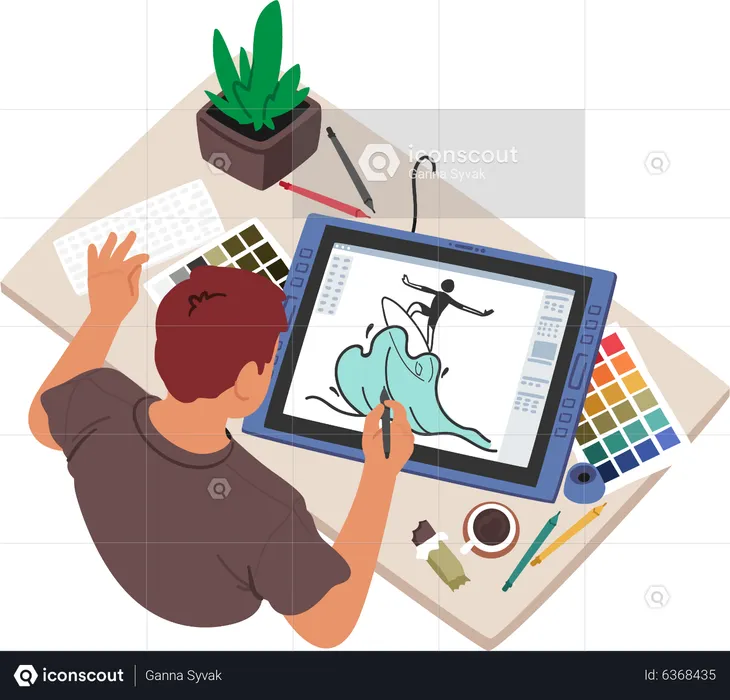 Male Graphic Designer Drawing On Tablet  Illustration