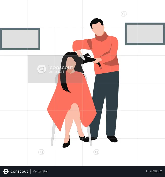 Male hairdresser making  girl's hairstyle  Illustration