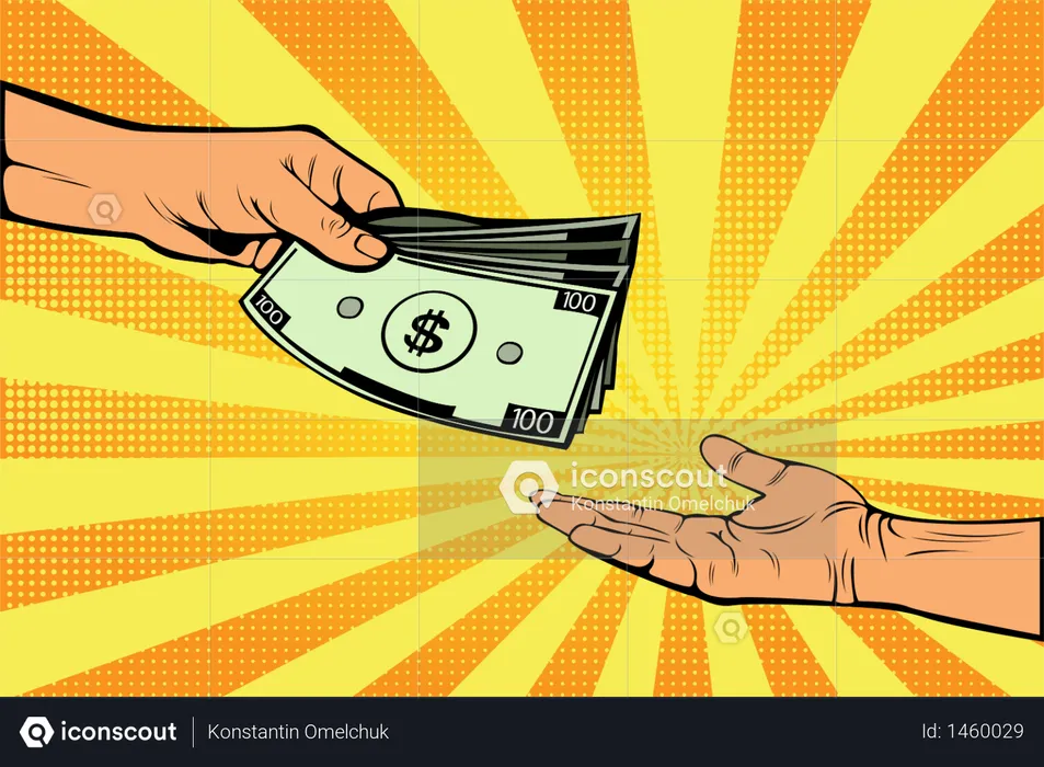 Male hand gives money to another hand  Illustration